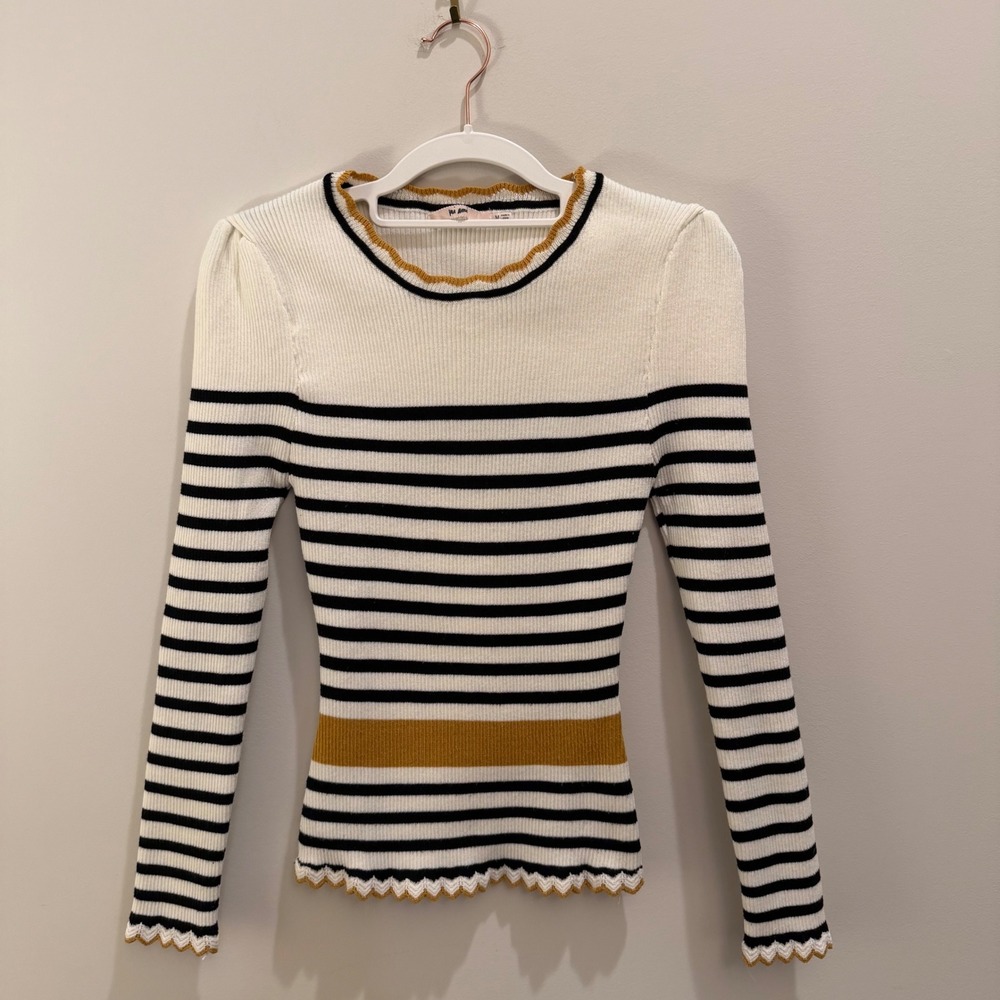 Mi Ami Boutique Striped Ribbed Knit Scalloped Sweater White Black Mustard M